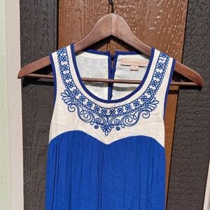 Blue and White Embroidered Sleeveless Dress from Anthropology